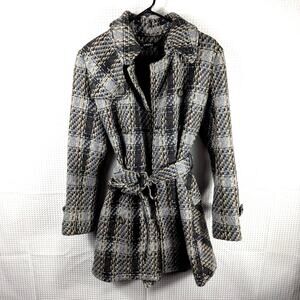 DKNY Size 4 Wool Blend Plaid Belted Trench Coat Women’s Gray Black Tan Winter